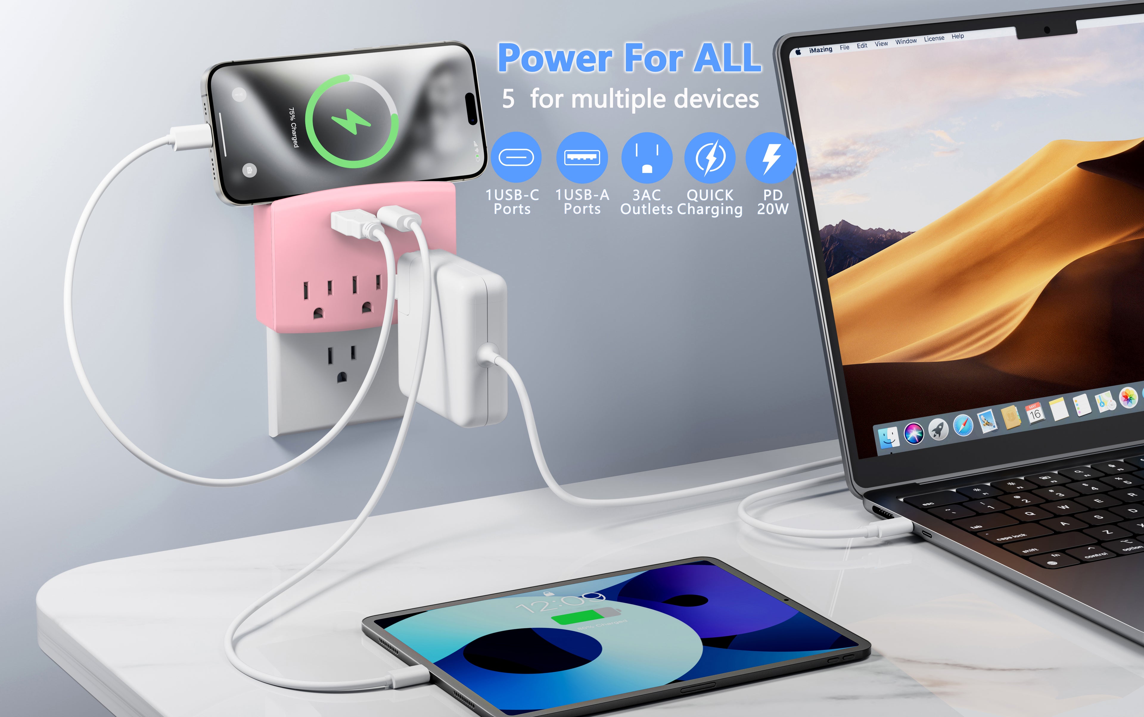 Charging Outlet with Shelf – 3 AC, 1xUSB-C & 1xUSB-A Ports