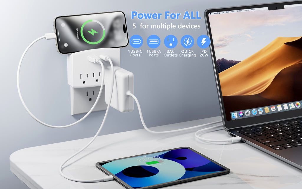 Charging Outlet with Shelf – 3 AC, 1xUSB-C & 1xUSB-A Ports