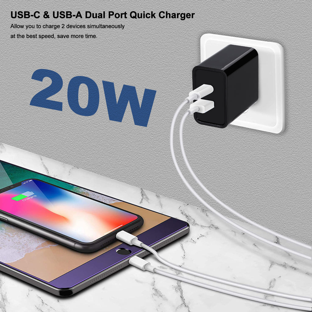 2-Pack PD 20W 2-Port USB-C Wall Charger - Black & White