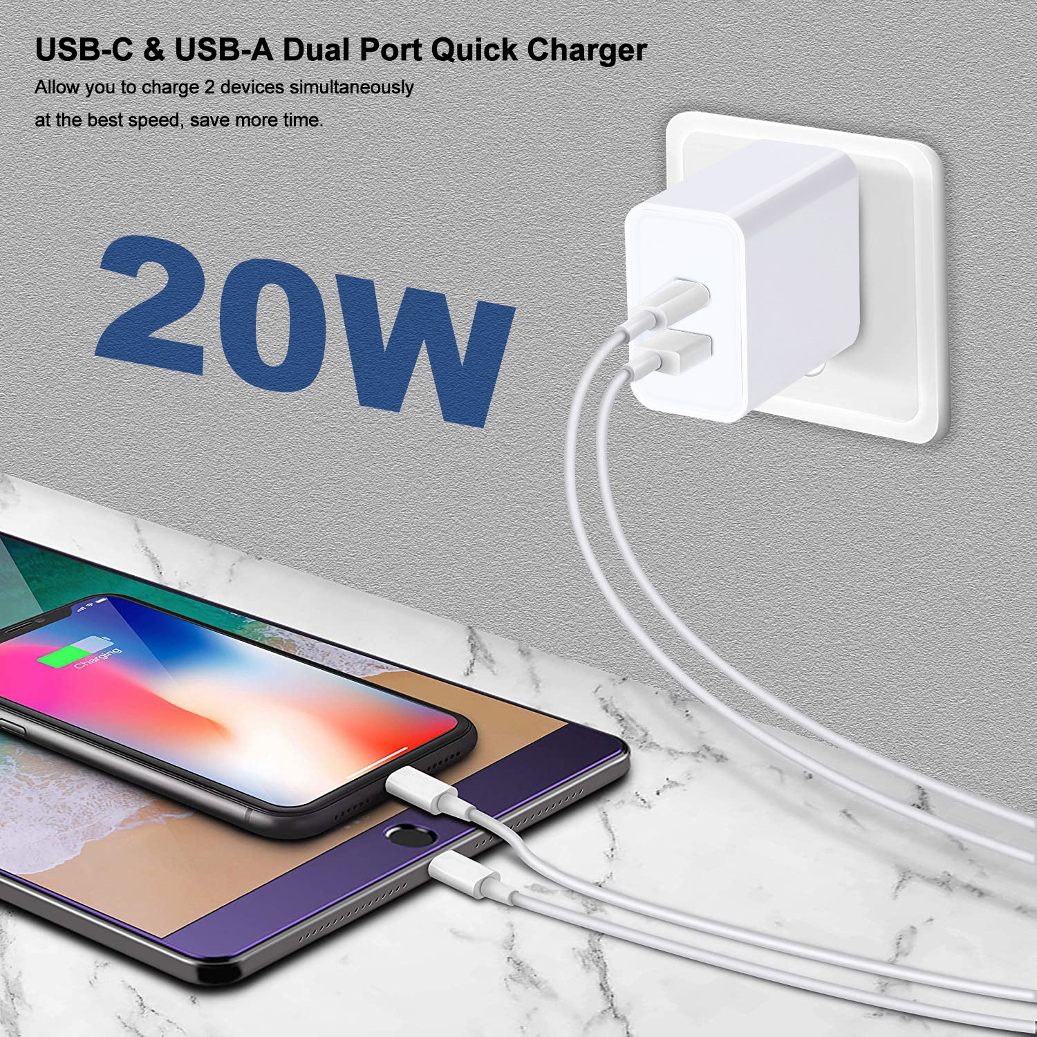 2-Pack PD 20W 2-Port USB-C Wall Charger - Black & White