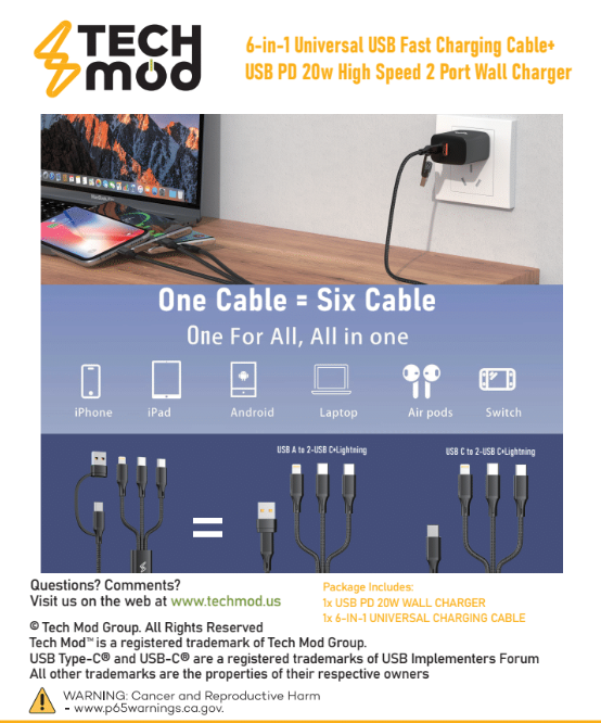 Tech Mod USB PD 20W Wall Charger with 6-in-1 Cable USB-A / USB-C to USB-C + USB-C + Ligthning - Black