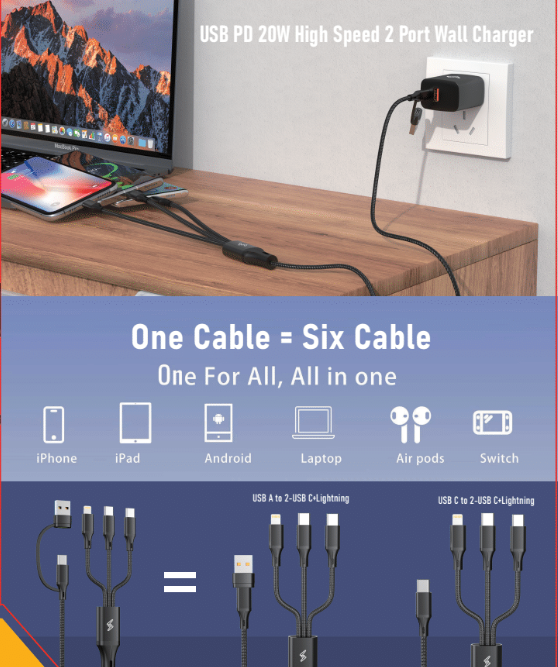 Tech Mod USB PD 20W Wall Charger with 6-in-1 Cable USB-A / USB-C to USB-C + USB-C + Ligthning - Black