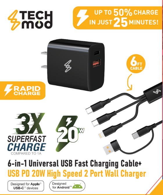 Tech Mod USB PD 20W Wall Charger with 6-in-1 Cable USB-A / USB-C to USB-C + USB-C + Ligthning - Black