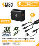 Tech Mod USB PD 20W Wall Charger with 6-in-1 Cable USB-A / USB-C to USB-C + USB-C + Ligthning - Black