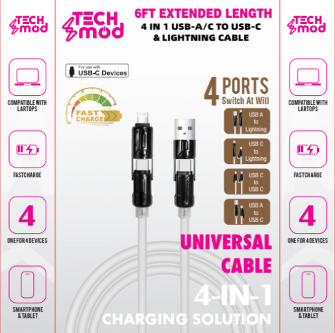 Tech Mod - Super Thick - 4-in-1 USB-A / USB-C to USB-C / Iphone - 6ft - Black