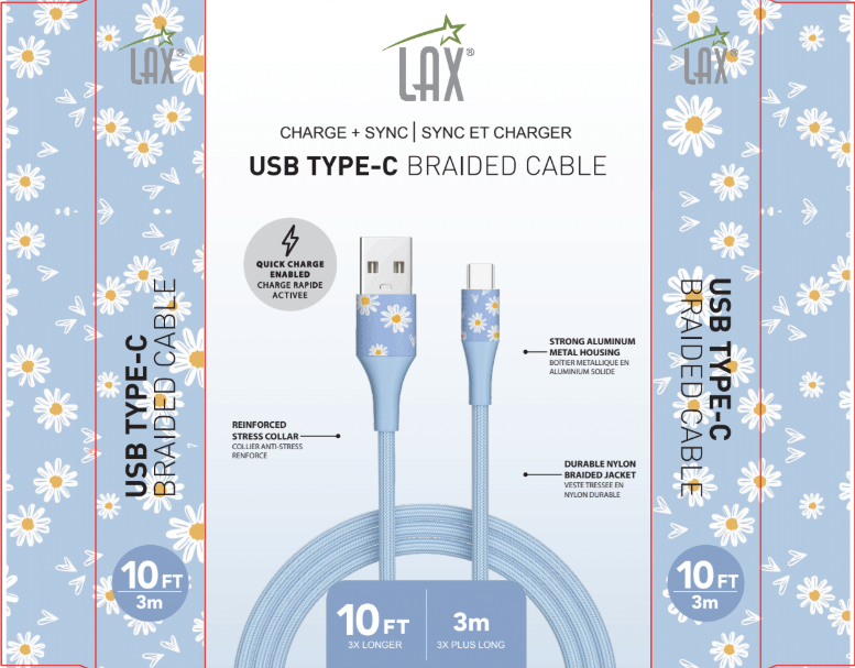 10ft Braided USB-A to USB-C Cable - Floral Daisy & Yellow