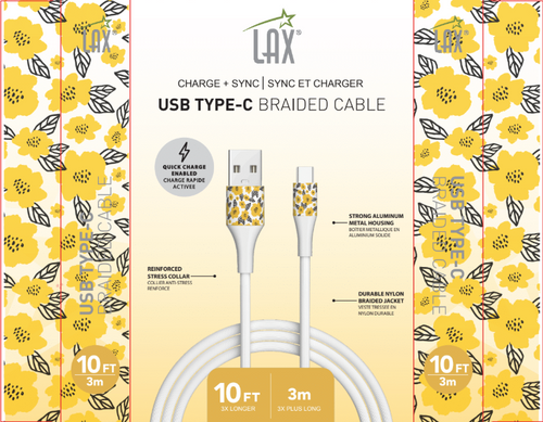 10ft Braided USB-A to USB-C Cable - Floral Daisy & Yellow