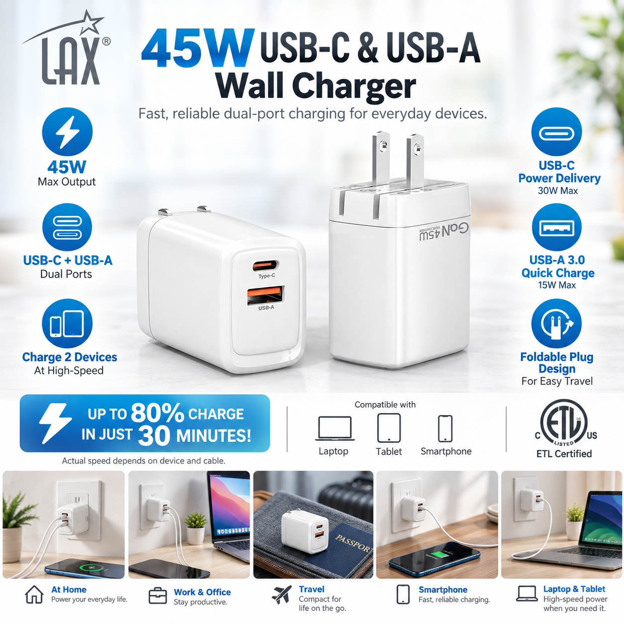 LAX 45W USB-C & USB-A Dual Port Wall Charger