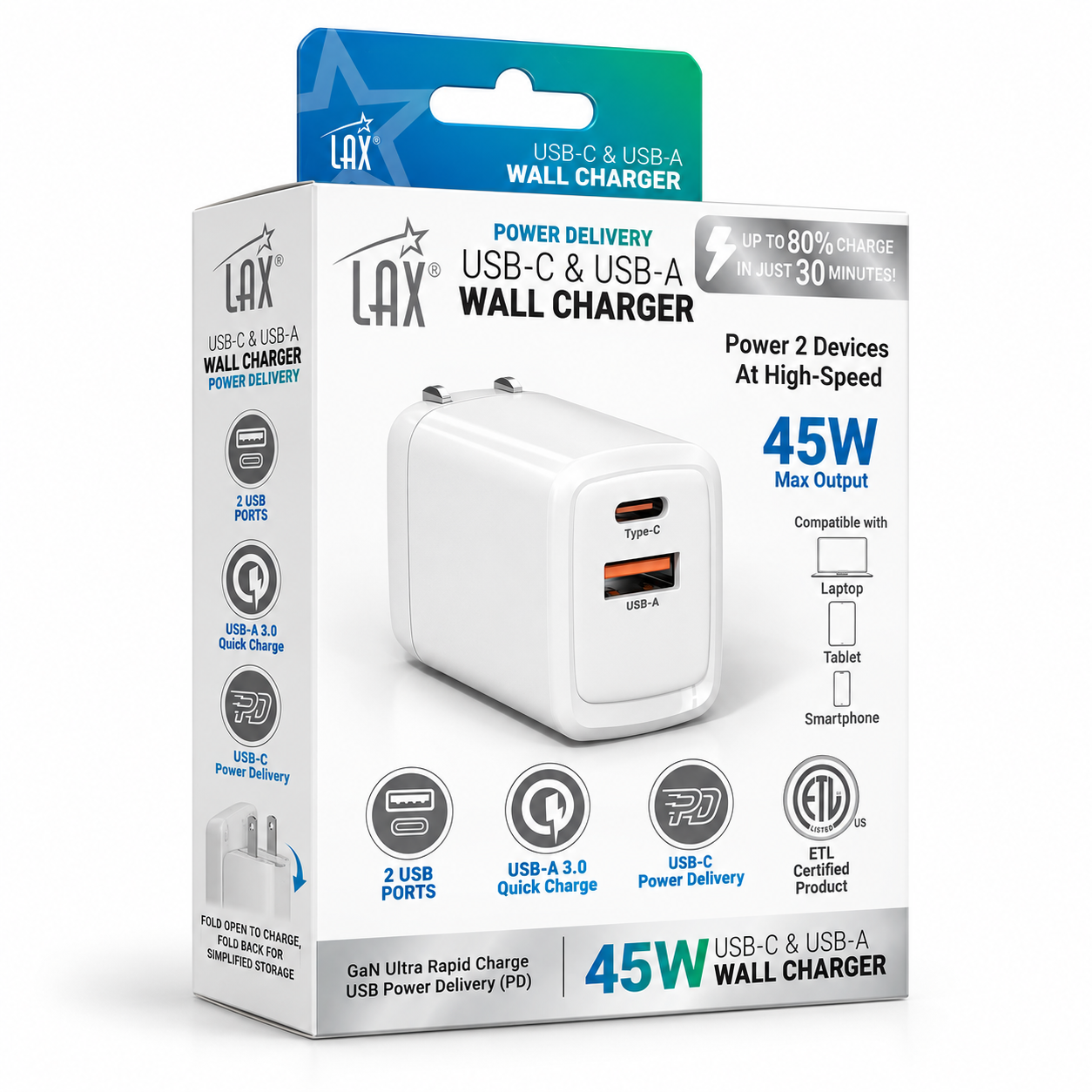 LAX 45W USB-C & USB-A Dual Port Wall Charger