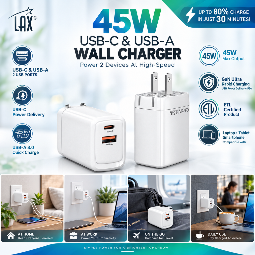 LAX 45W USB-C & USB-A Dual Port Wall Charger