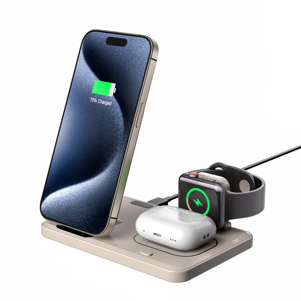 LAX Flat Folding 3-in-1 Wireless Charger with Pop Out Watch Charging Stand for iPhone, Android & Airpods