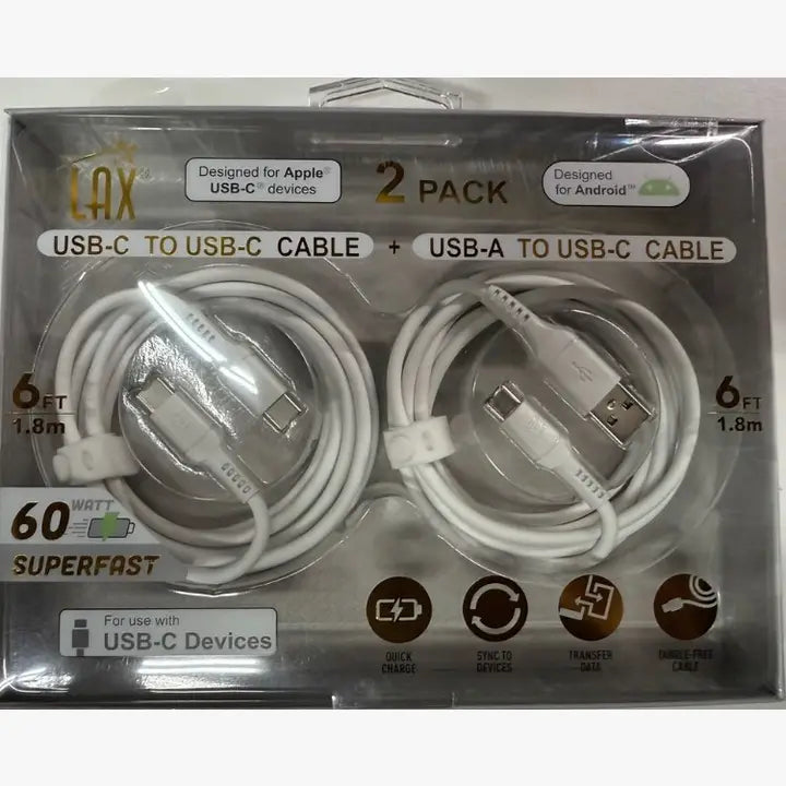 LAX - 2-Pack USB-C + USB-A to USB-C Cables – 6ft