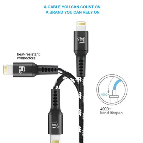 Apple MFi Certified Lightning Cable 10 Ft-Black with Stripes