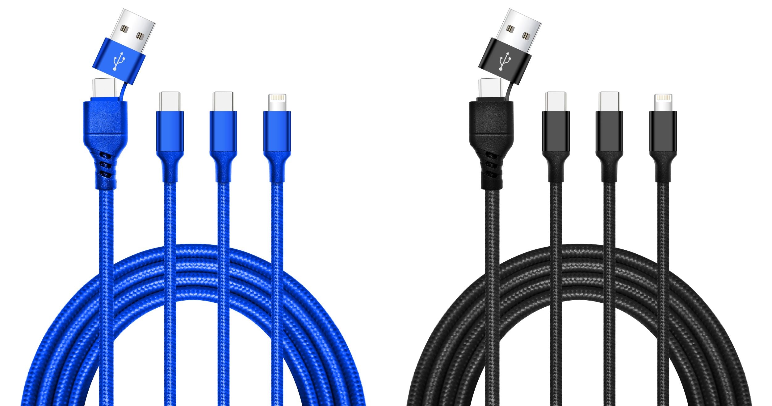 2-Pack 4-in-1 Cable USB-A / USB-C to USB-C + USB-C + Iphone - 6ft - Black & Blue