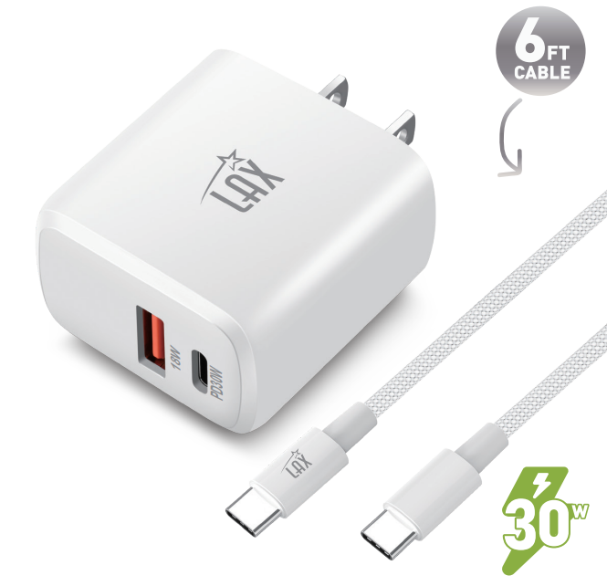 LAX 30W Fast charger with USB-C to USB-C - White
