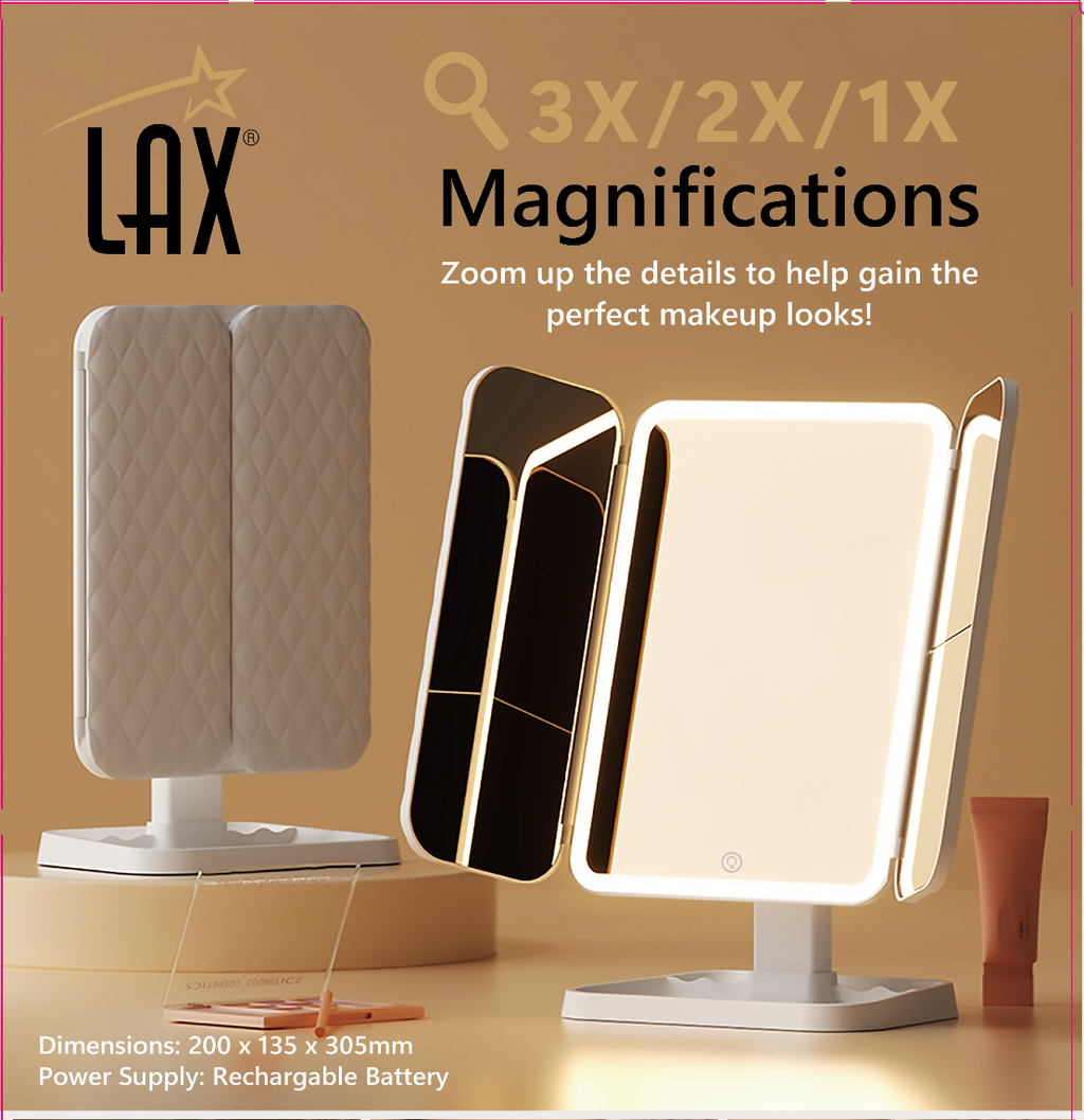 LAX Rechargeable Foldable LED Makeup Mirror – 1x/2x/3x Magnification | Multi-White Light
