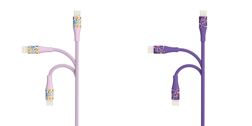 2-Pack Apple MFi Certified Braided Nylon USB to Iphone Cables - 4 Feet - Floral Bouquet & Purple Flowers