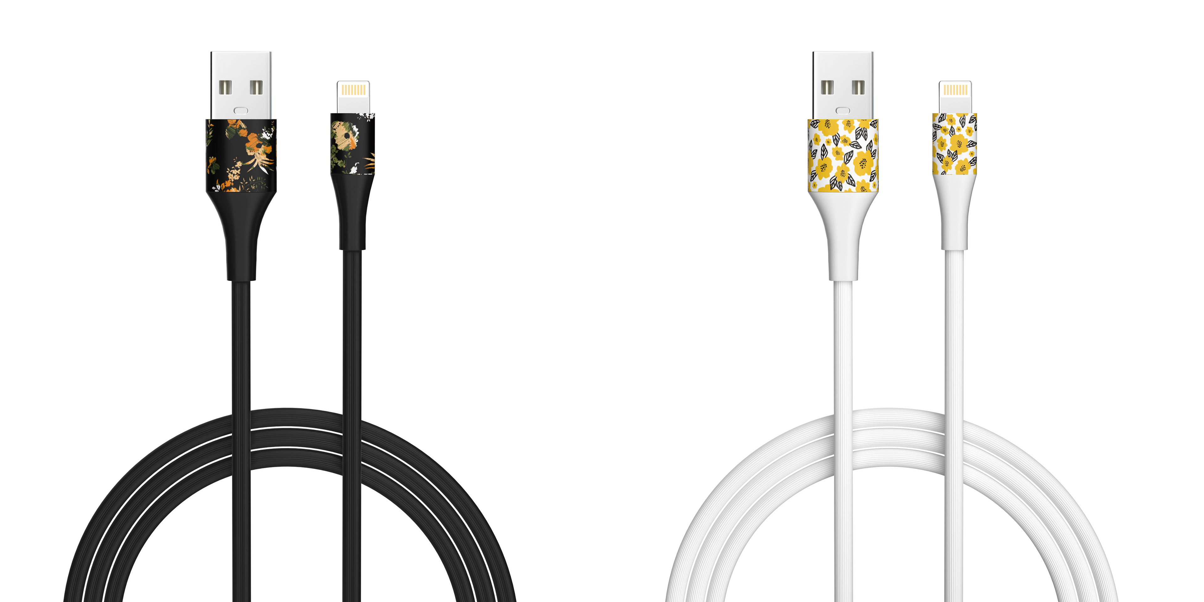 2-Pack Apple MFi Certified Braided Nylon USB to Iphone Cable - 4 Feet - Floral Marigold & Gold-Black Flowers