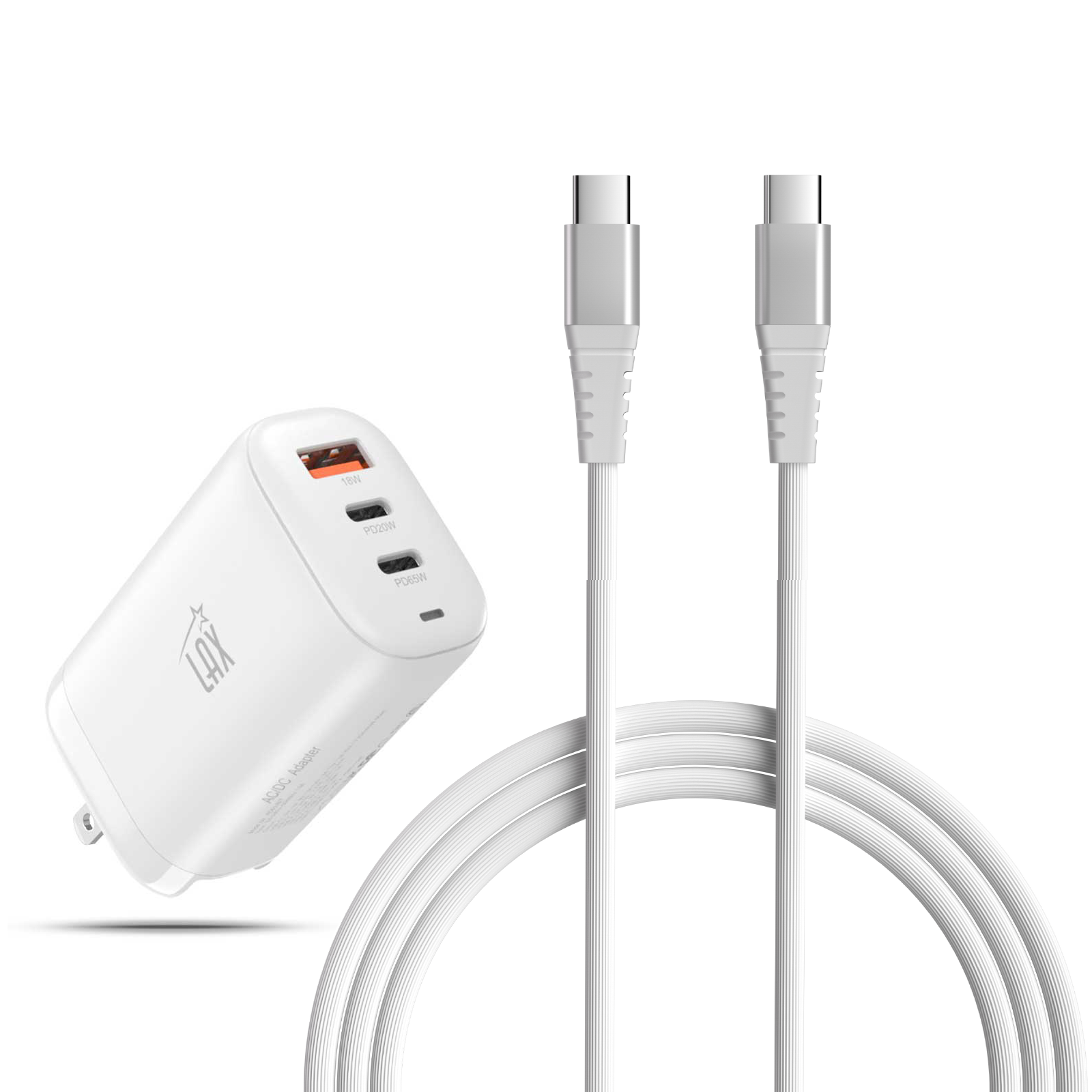 LAX 65W Fast Wall Charger with 3A USB-C to USB-C Cable (6ft) - White