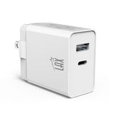 LAX Bundle Car Charger USBPD 20W with 1 USB-C and 1 USB-A - Black & Wall Charger USBPD 20W with 1 USB-C and 1 USB-A - White