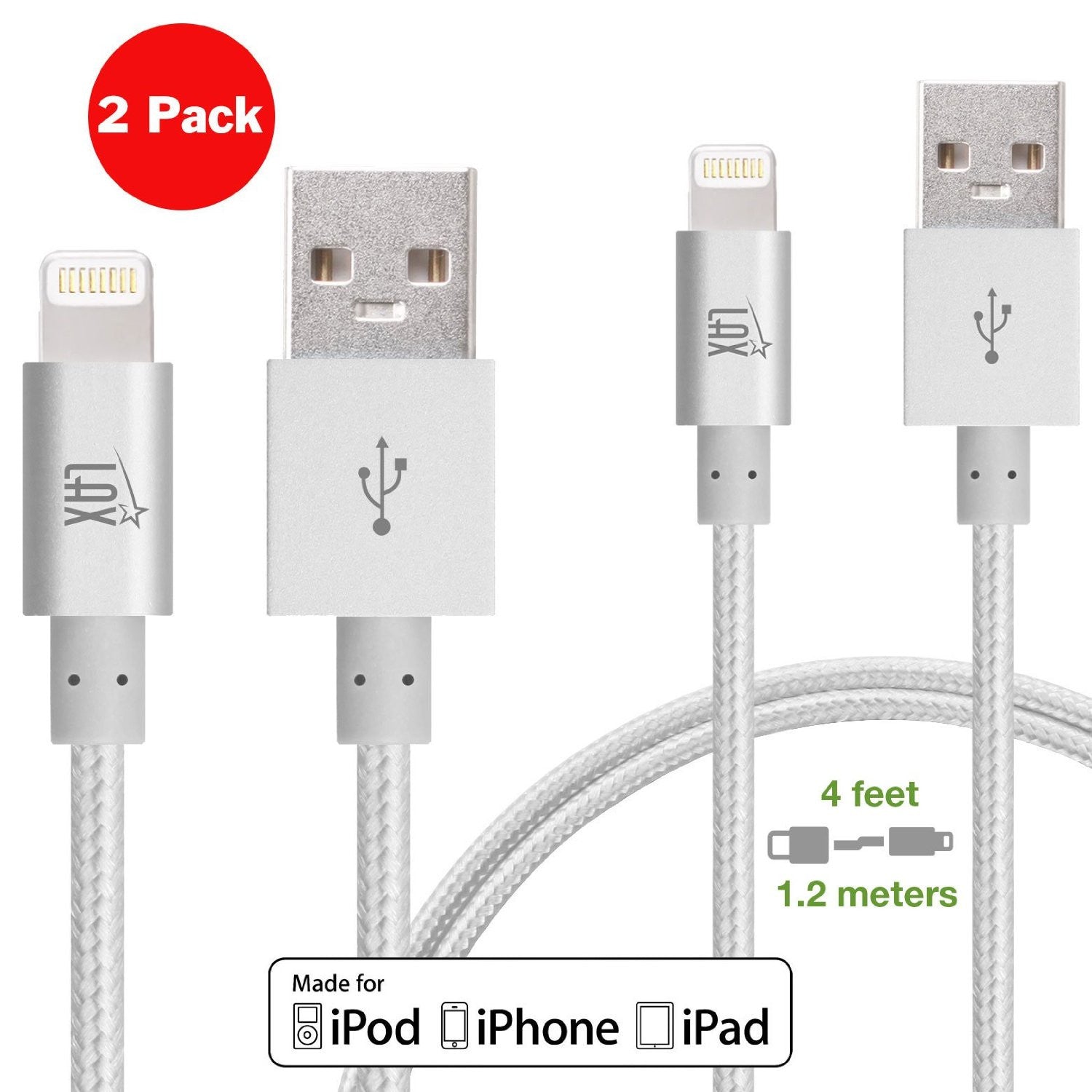 [2 Pack] iPhone charger, LAX Gadgets Iphone to USB Braided Cable (4ft) for iPhone 6s 6 Plus 5s 5c 5, iPad Pro Air 2, mini [Apple MFi Certified] (Gray)
