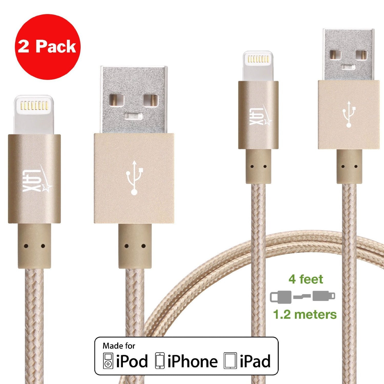 [2 Pack] iPhone charger, LAX Gadgets Iphone to USB Braided Cable (4ft) for iPhone 6s 6 Plus 5s 5c 5, iPad Pro Air 2, mini [Apple MFi Certified] (Gray)