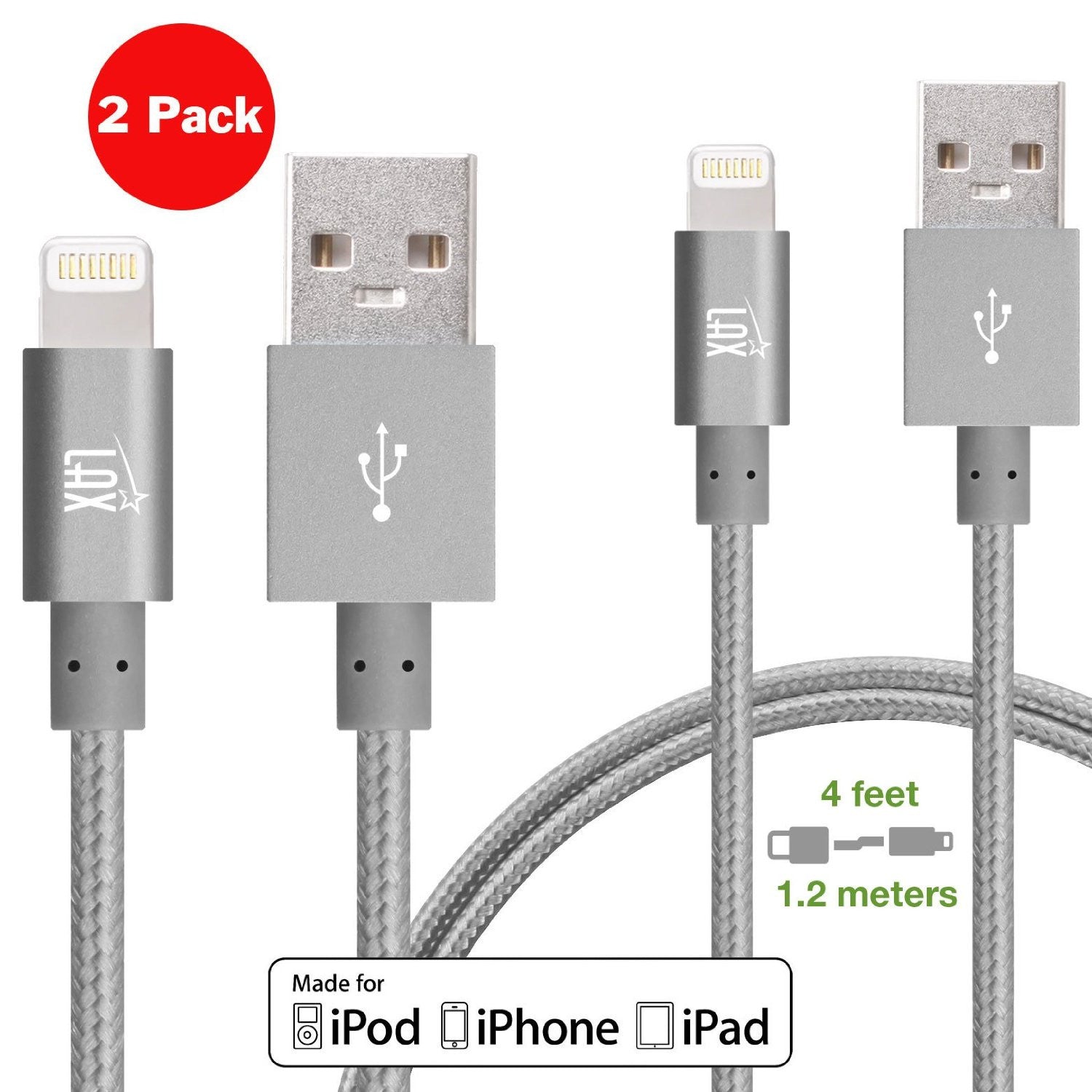 [2 Pack] iPhone charger, LAX Gadgets Iphone to USB Braided Cable (4ft) for iPhone 6s 6 Plus 5s 5c 5, iPad Pro Air 2, mini [Apple MFi Certified] (Gray)