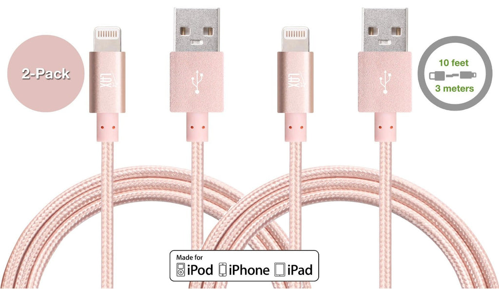[2 Pack] LAX 10ft Long Apple MFi Certified iPhone Charger - Durable Braided Iphone Cord for iPhone 6s / 6s Plus / 6 / 6 Plus / 5s / 5c / 5 / iPad Air 2 / Air / Mini 4 / 3 / 2 / Pro / (Gold)