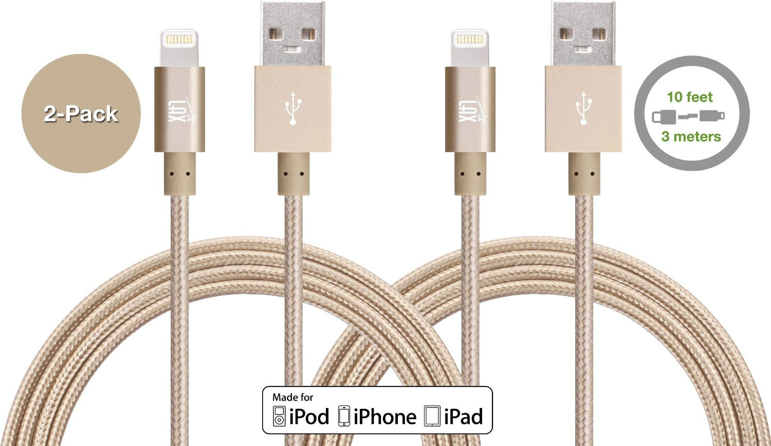 [2 Pack] LAX 10ft Long Apple MFi Certified iPhone Charger - Durable Braided Iphone Cord for iPhone 6s / 6s Plus / 6 / 6 Plus / 5s / 5c / 5 / iPad Air 2 / Air / Mini 4 / 3 / 2 / Pro / (Gold)