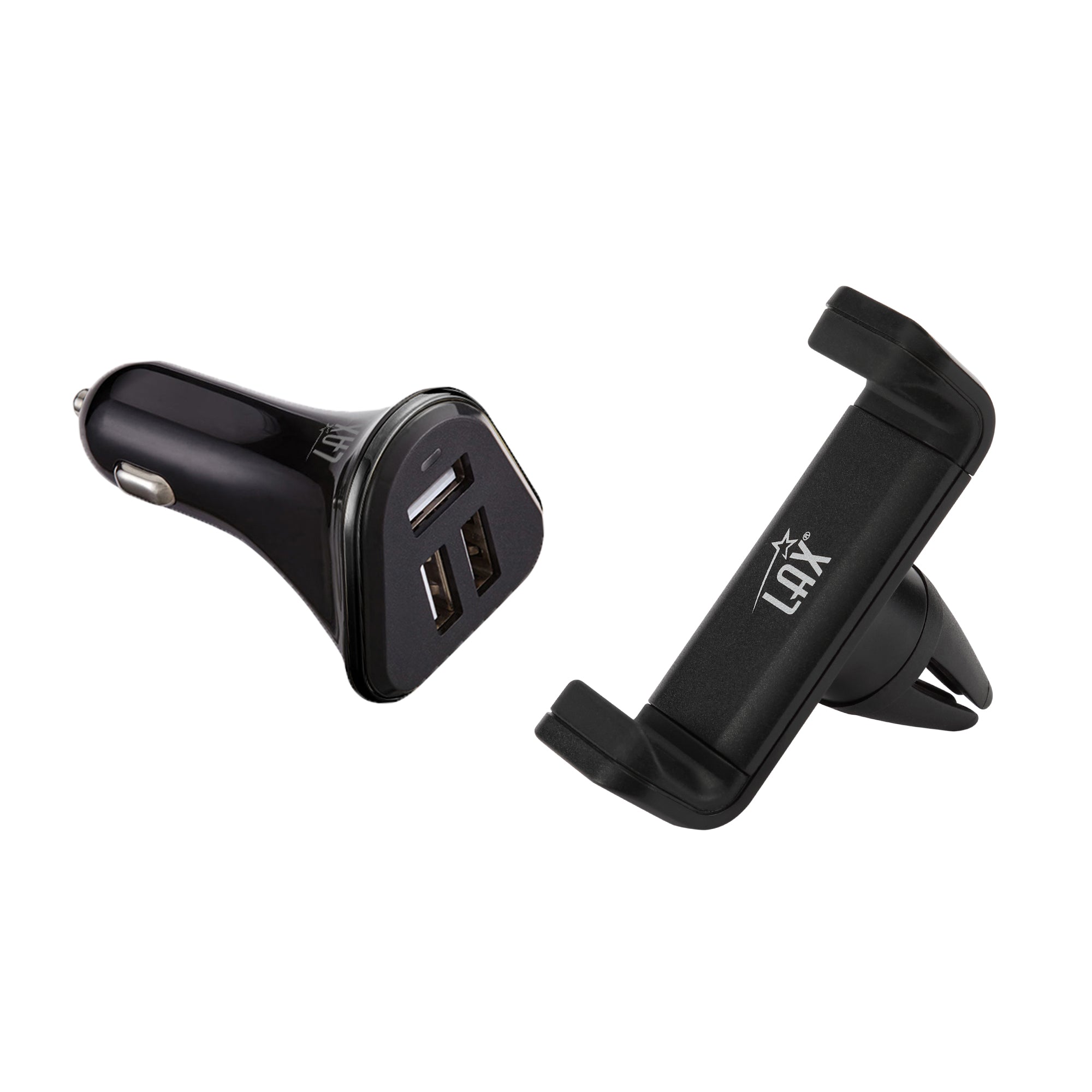 LAX Aluminum Air Vent Car Mount with 3 Port Car Charger- Black