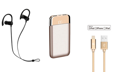 Bundle: 12,000mAh Power Bank with Bluetooth Sports earphones and Apple Certified Lightning Cable (4ft)