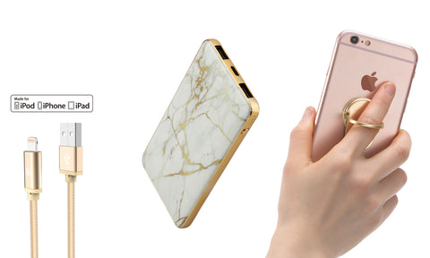 Bundle: Marble Power Bank 8000mAh with USB Type C Port and Apple Certified Lightning Cable and Phone Holder Ring
