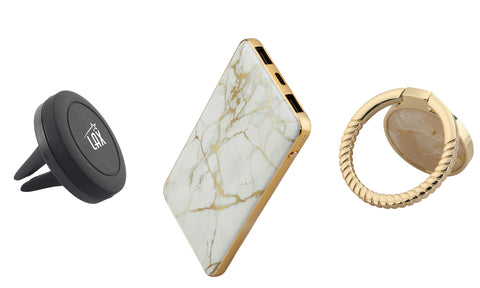Elegant Marble 8000 mAh Power Bank with Marble Ring Phone Stand and Magnetic Car Mount