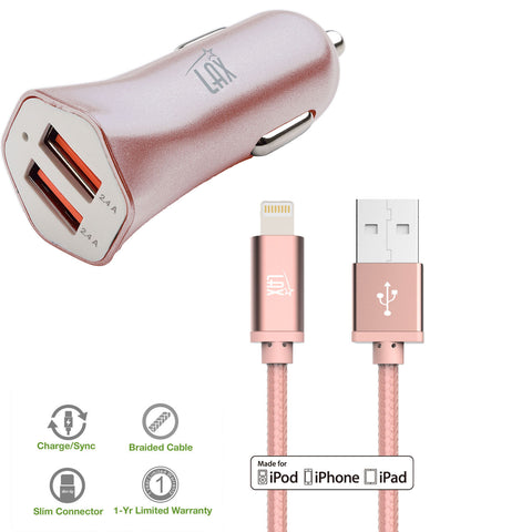 Apple MFi Certified Lightning Cable with 2 USB High Speed Car Charger for iPhone 7, 7 Plus, 6s, 6s Plus, 6, 6 Plus, SE, 5s, 5c, 5, iPad, Mini