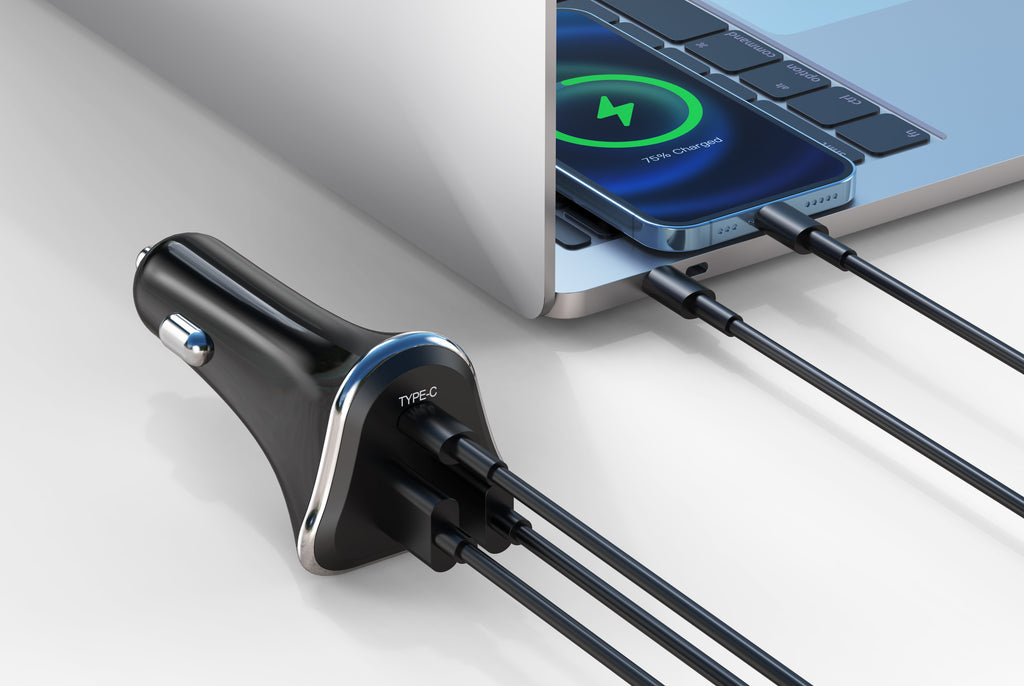 3-Port Car Charger with 2 USB Ports and 1 USB-C Port