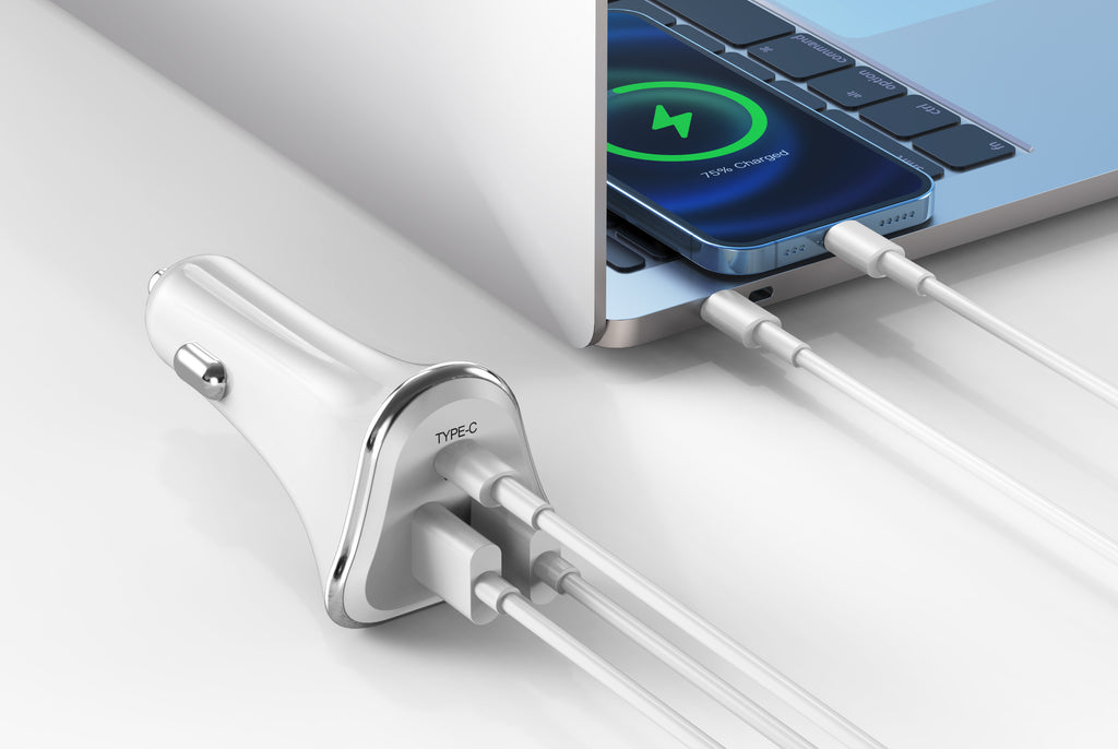 3-Port Car Charger with 2 USB Ports and 1 USB-C Port