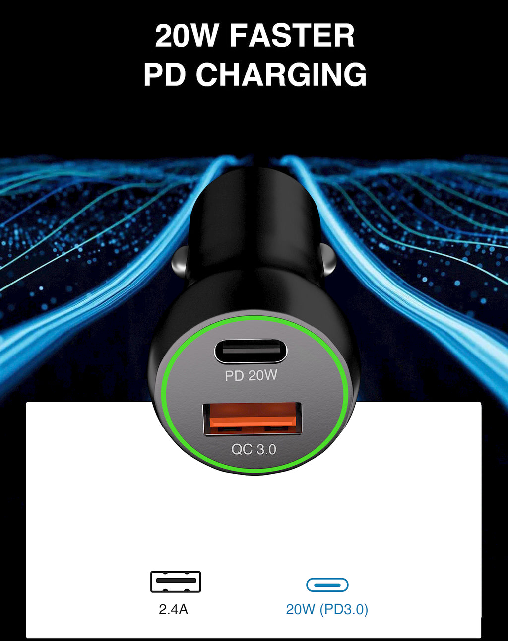 LAX Car Charger 20W with 1 USB-C and 1 USB-A - Black