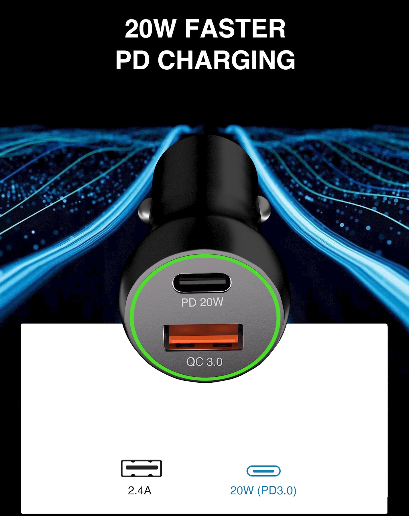 LAX Car Charger 20W with 1 USB-C and 1 USB-A - Black