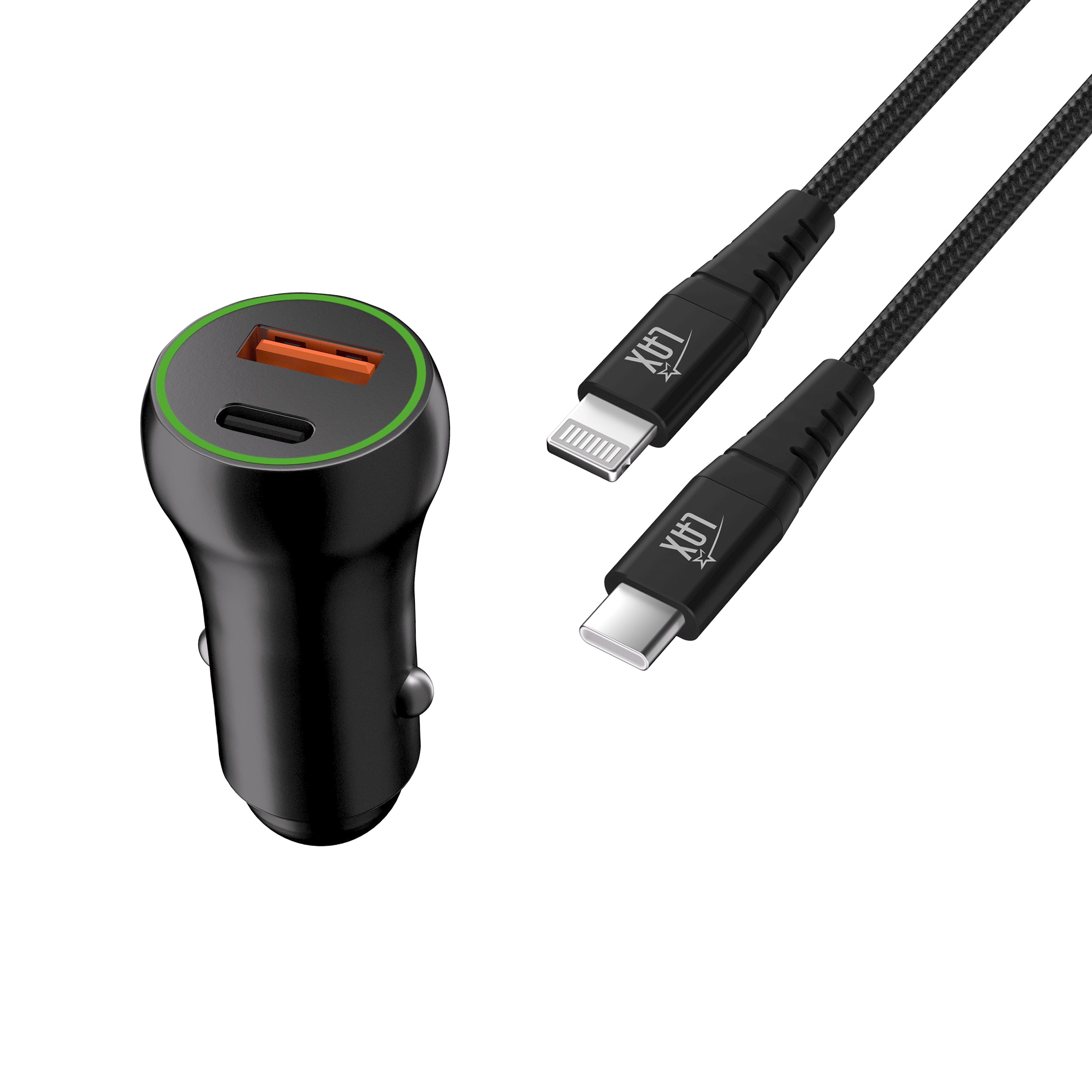 LAX Car Charger 20W with 1 USB-C and 1 USB-A with Apple MFi Certified USB-C to Iphone Cable 6ft - Black