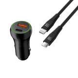 LAX Car Charger USBPD 20W with 1 USB-C and 1 USB-A with Apple MFi Certified USB-C to Lightning Cable 6ft - Black