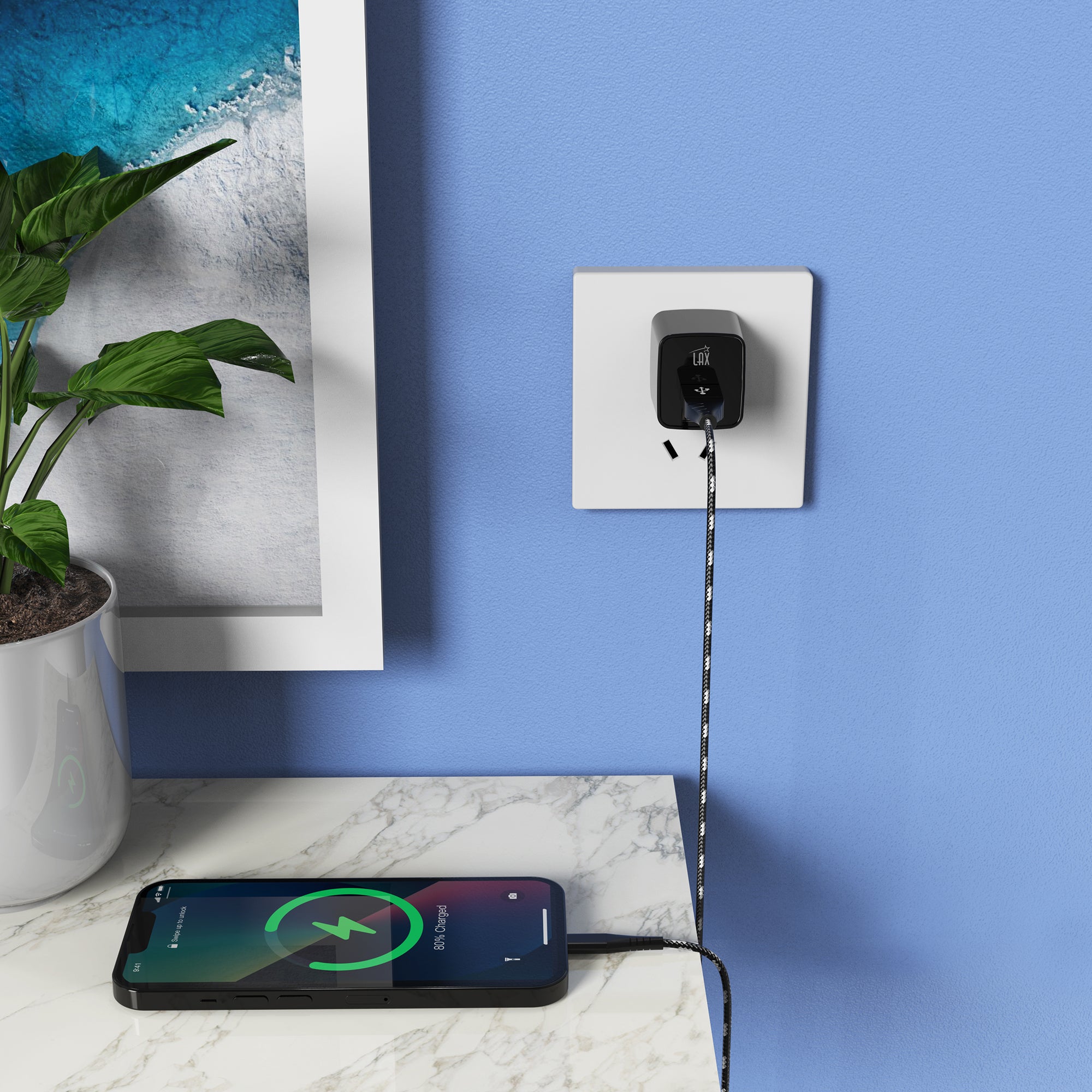 LAX 2 Port USB Wall Charger 2.4A with Apple MFi Certified Iphone Cable (6ft)