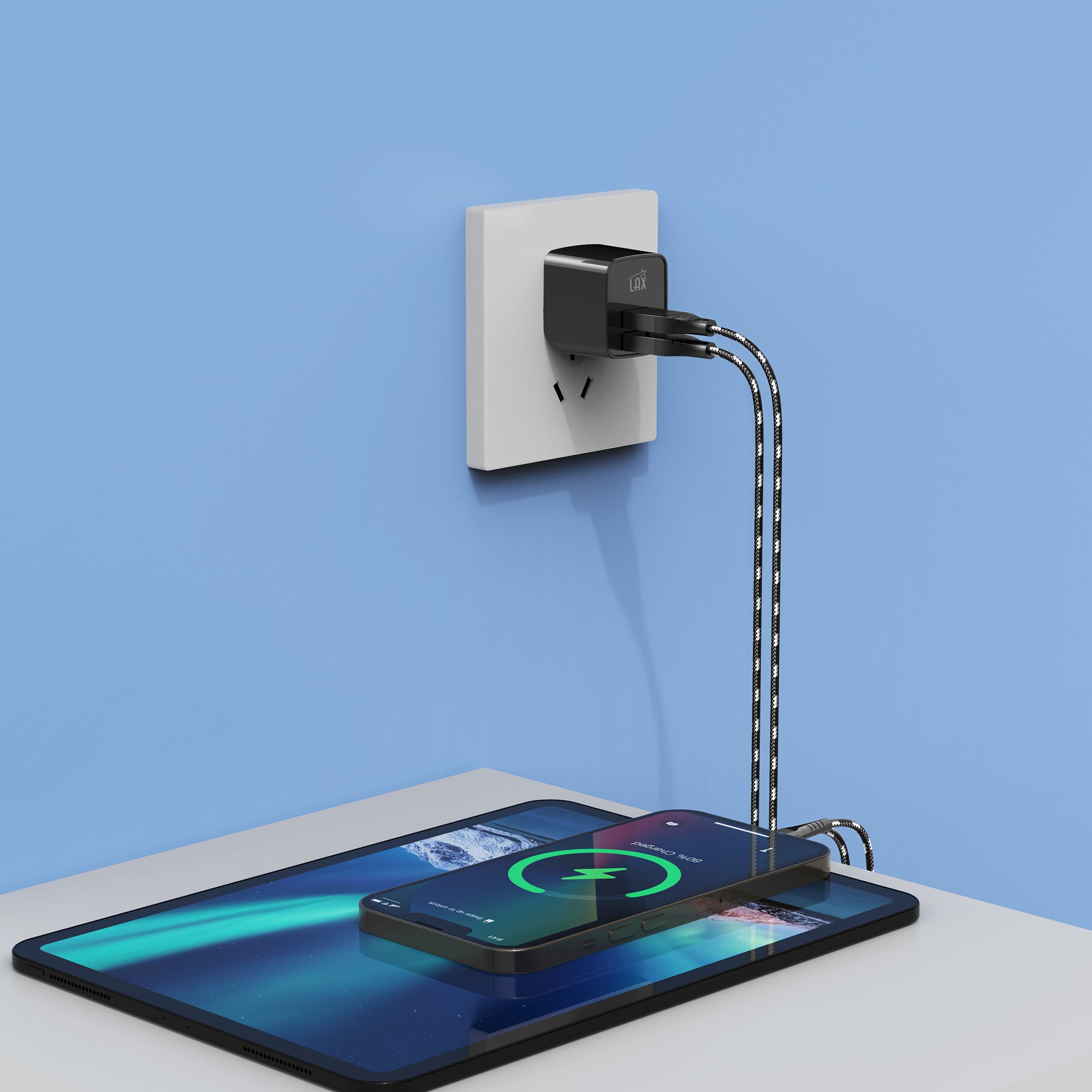 LAX 2 Port USB Wall Charger 2.4A with Apple MFi Certified Iphone Cable (6ft)