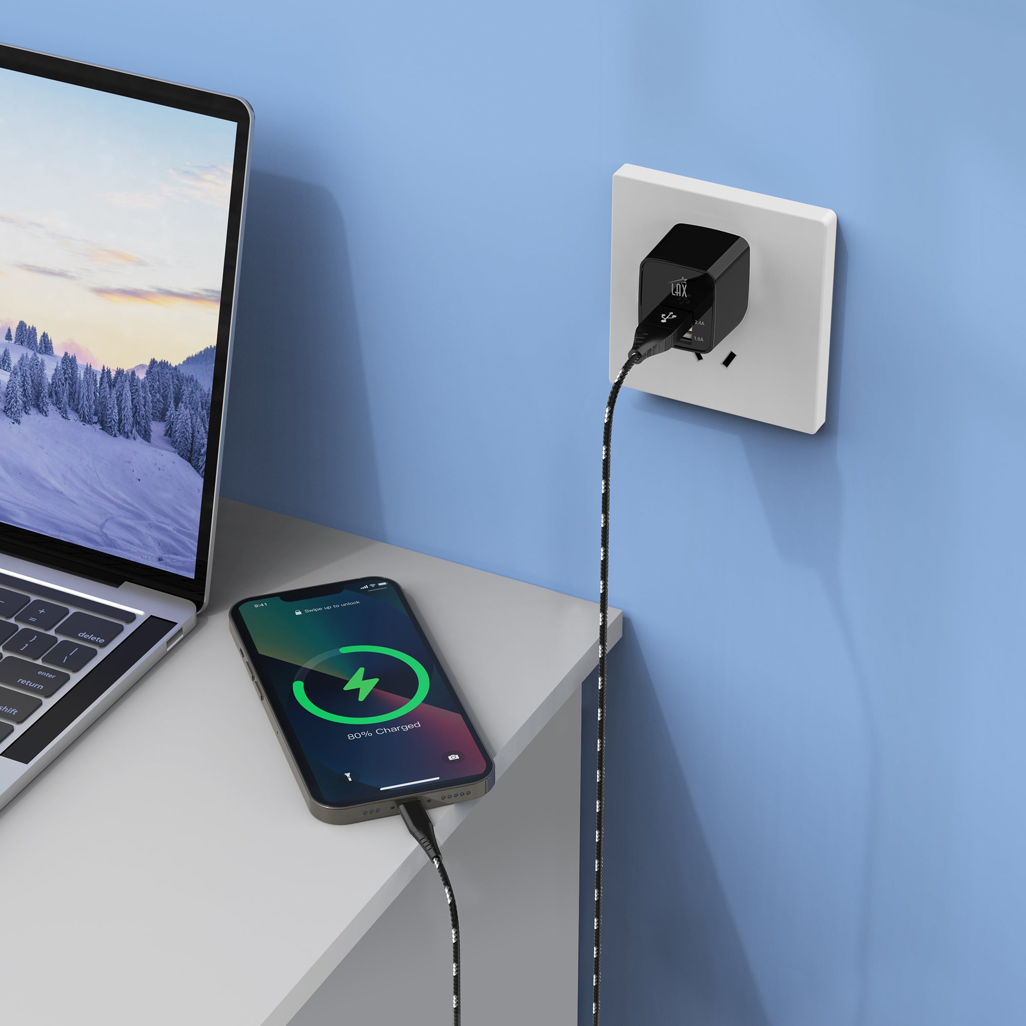 LAX 2 Port USB Wall Charger 2.4A with Apple MFi Certified Iphone Cable (6ft)