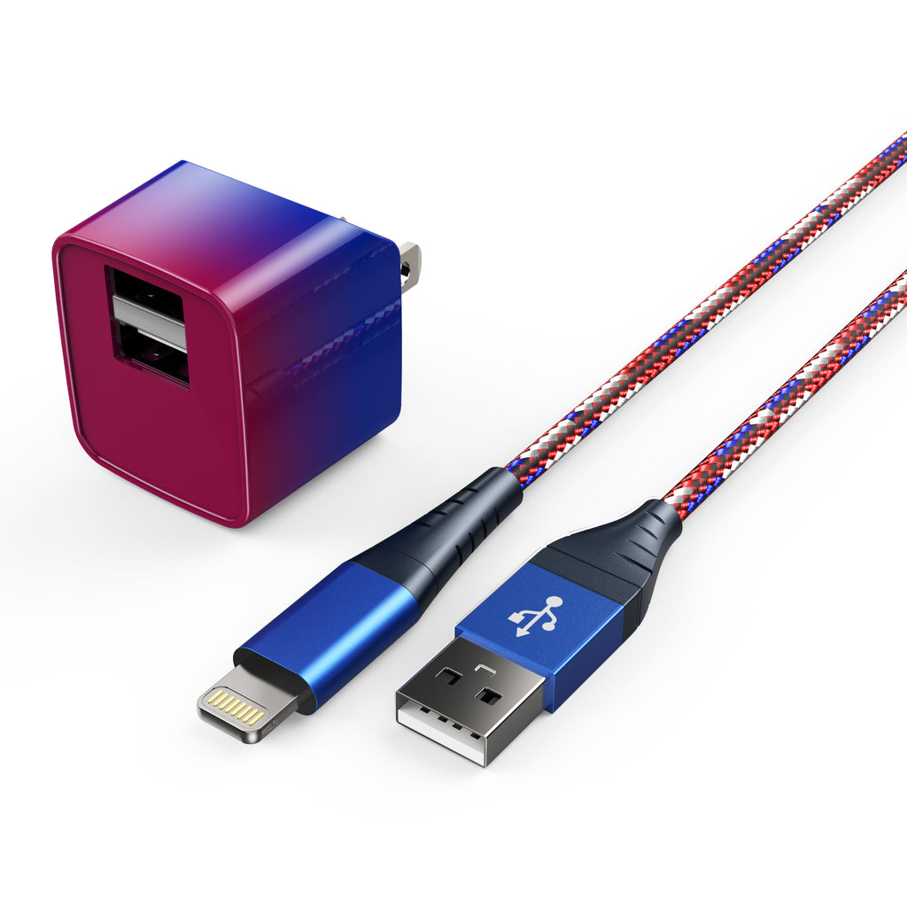 LAX 2 Port USB Wall Charger 2.4A with Apple MFi Certified Iphone Cable (6ft)