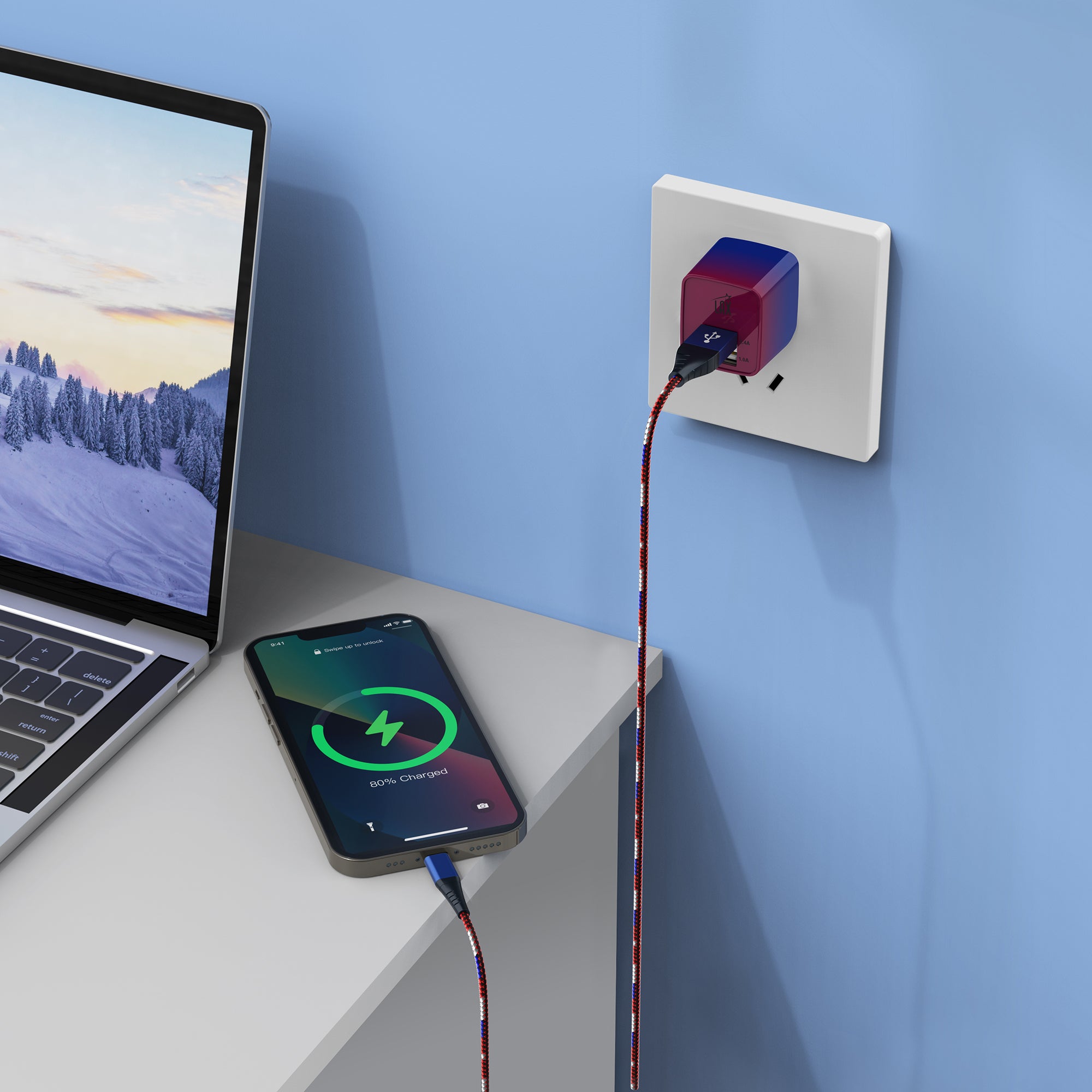 LAX 2 Port USB Wall Charger 2.4A with Apple MFi Certified Iphone Cable (6ft)