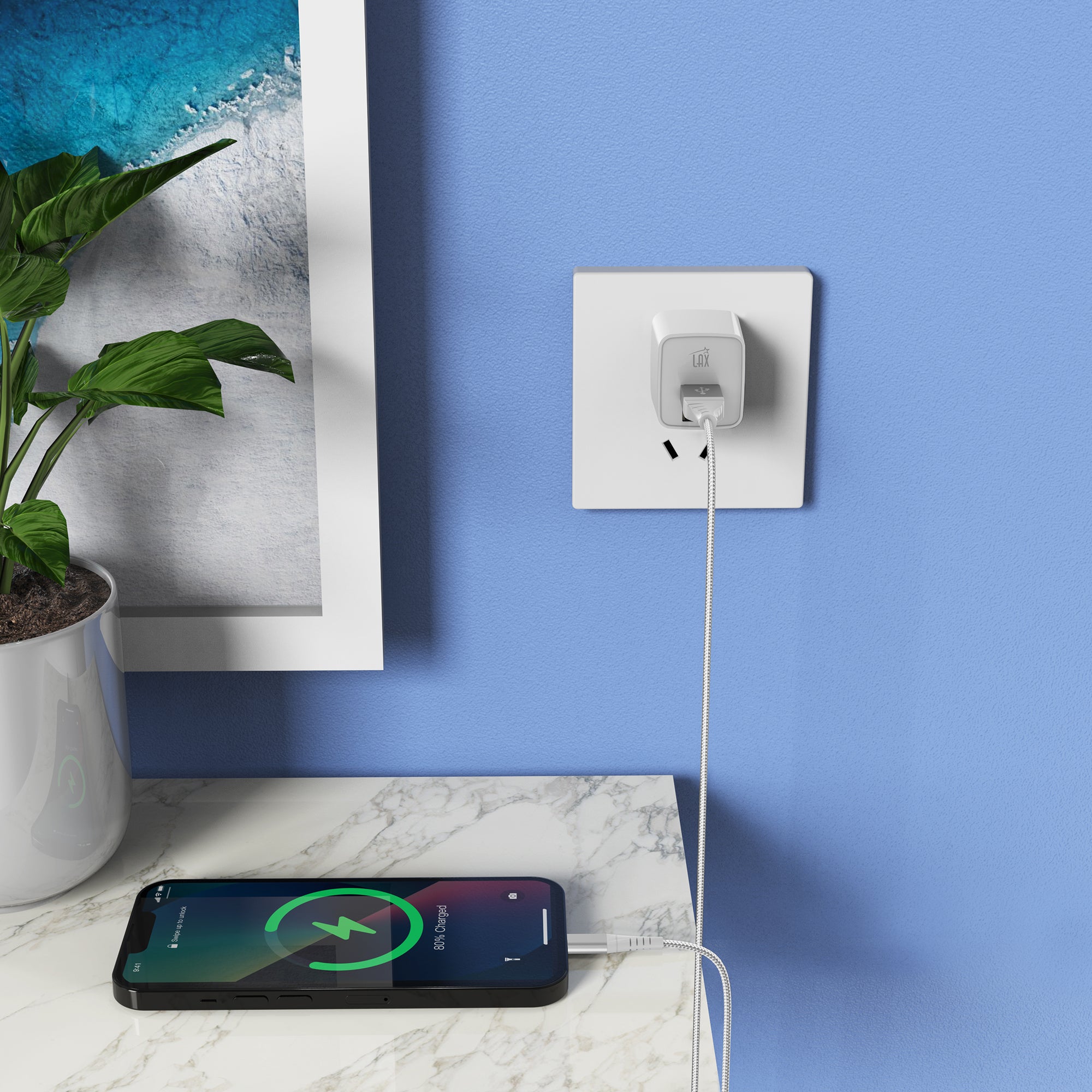 LAX 2 Port USB Wall Charger 2.4A with Apple MFi Certified Iphone Cable (6ft)