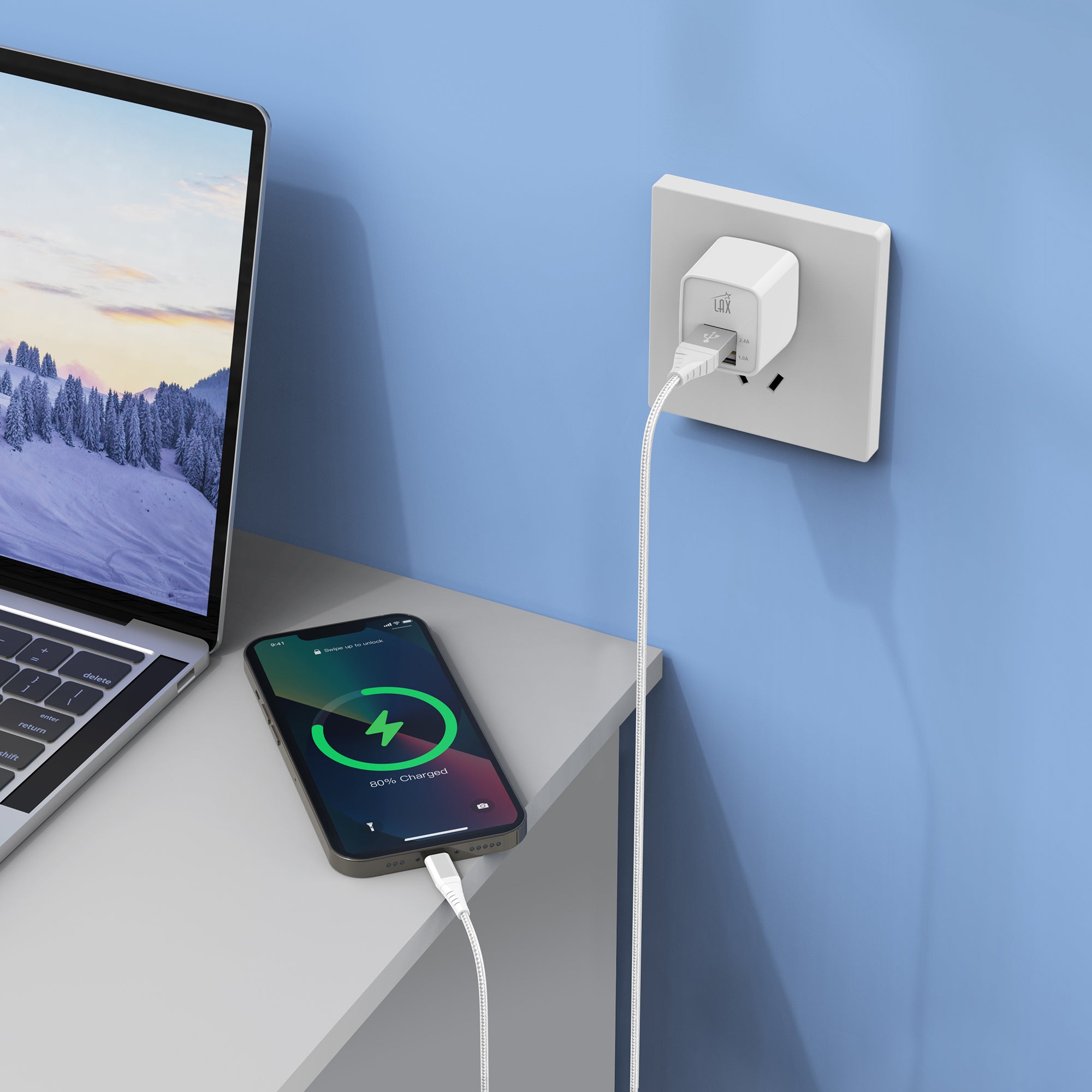 LAX 2 Port USB Wall Charger 2.4A with Apple MFi Certified Iphone Cable (6ft)