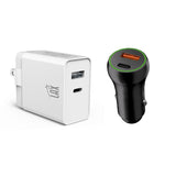 LAX Bundle Car Charger USBPD 20W with 1 USB-C and 1 USB-A - Black & Wall Charger USBPD 20W with 1 USB-C and 1 USB-A - White