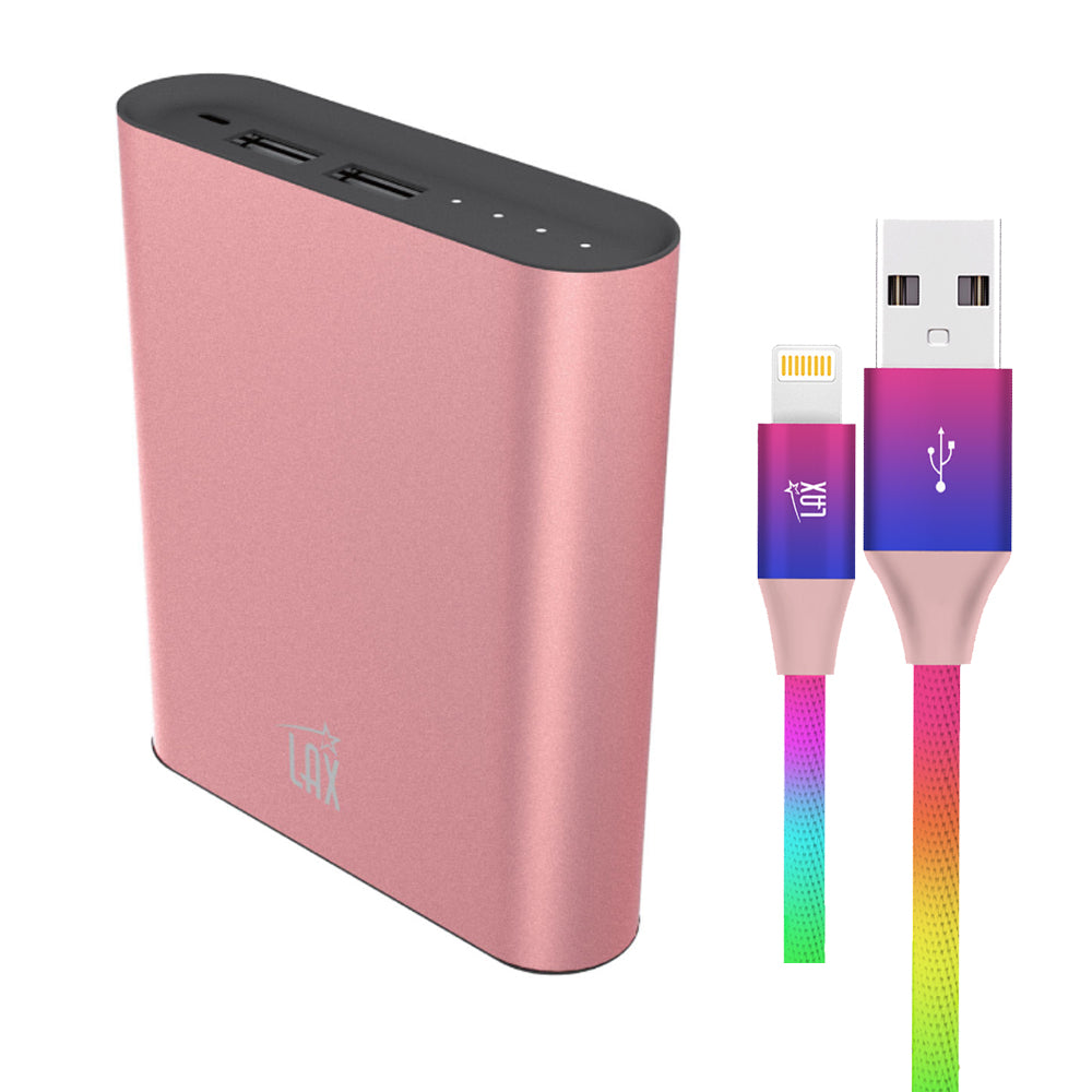 LAX 12000mAh Dual USB Power Bank -  with Apple MFi Certified Iphone to USB Cable (10 Feet) Rainbow