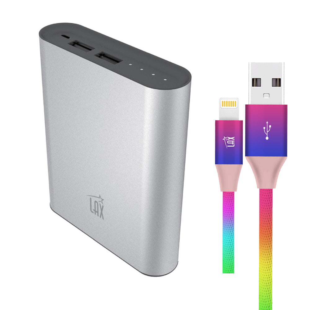 LAX 12000mAh Dual USB Power Bank -  with Apple MFi Certified Iphone to USB Cable (10 Feet) Rainbow